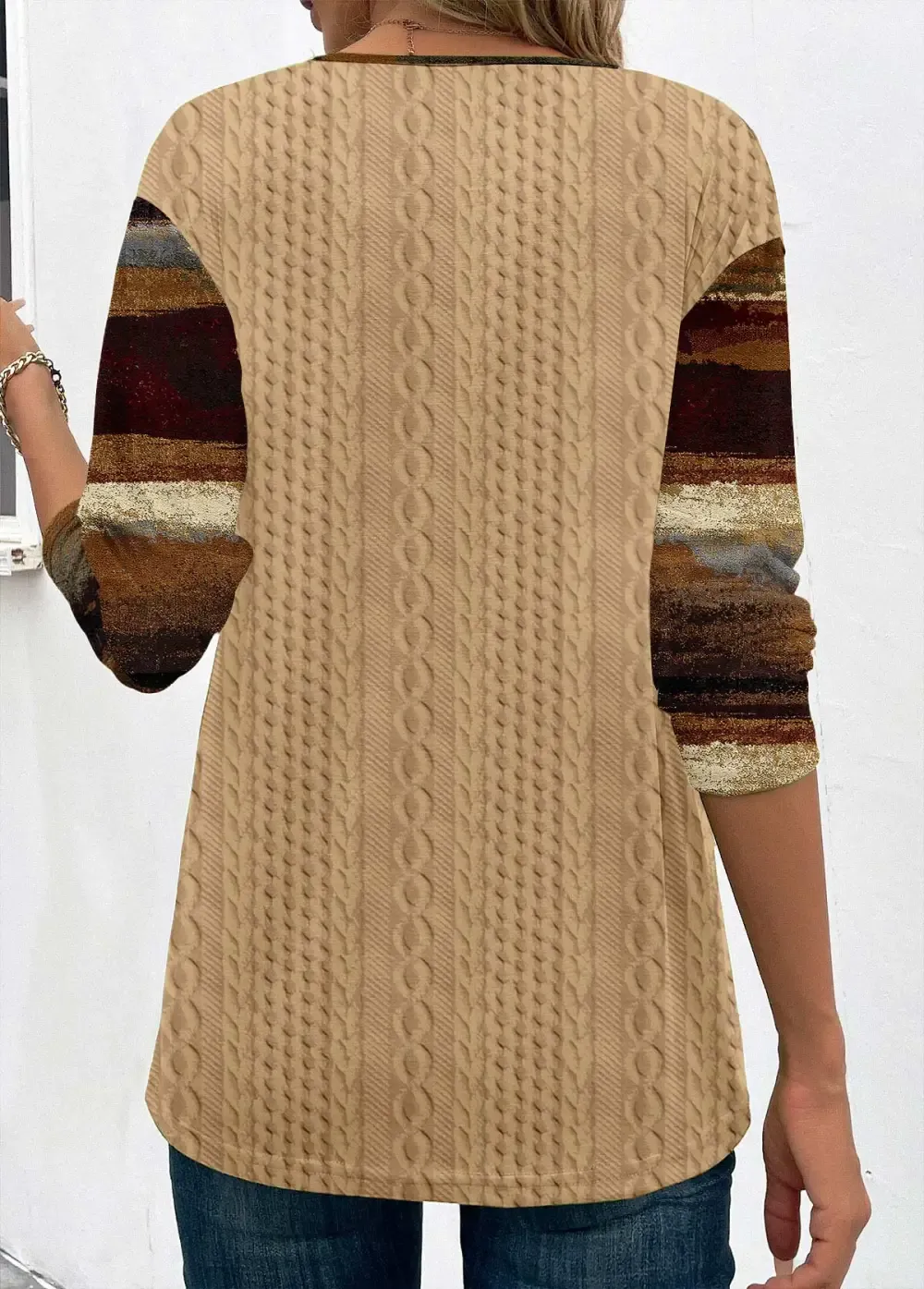 Light Camel Patchwork Graffiti Print Long Sleeve Sweatshirt