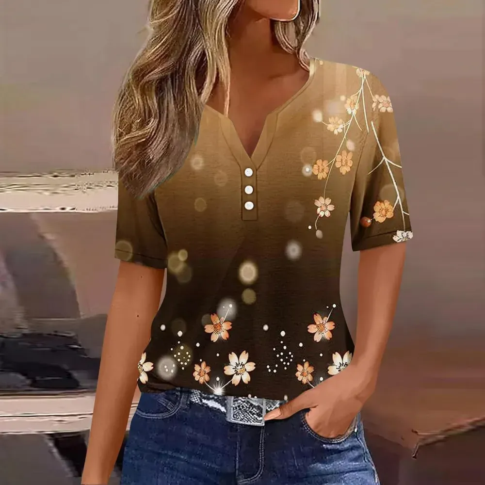 Shirts for Women Casual Printed Summer Tops Short-Sleeved Button V-Neck Tops Blouse Fashion Boho T-Shirts
