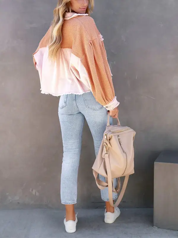 Waffle Patchwork Buttons Wash Jacket