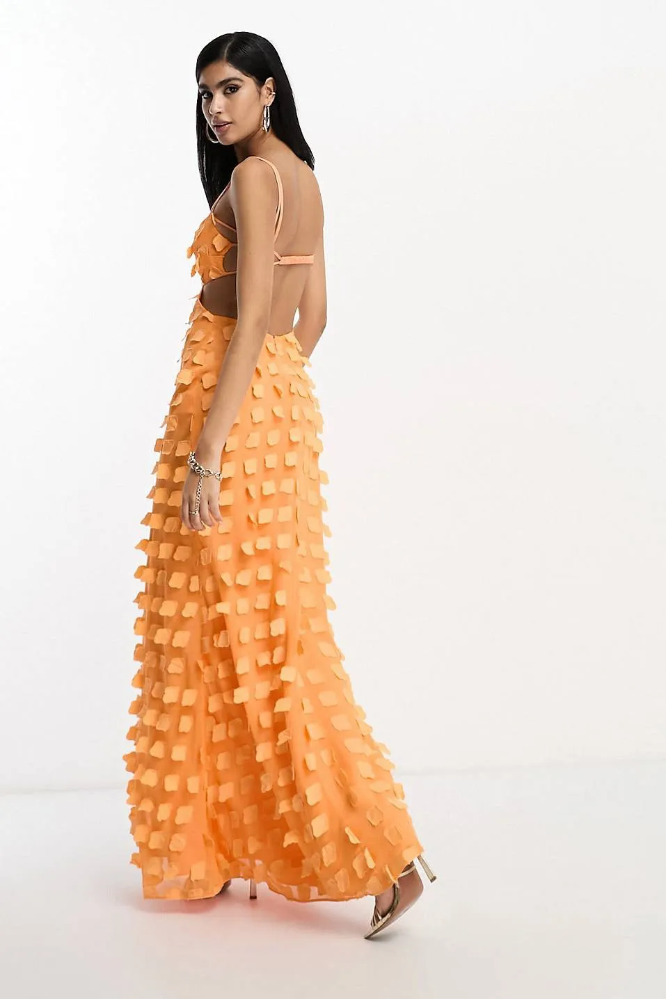 textured strappy maxi dress with open back in orange