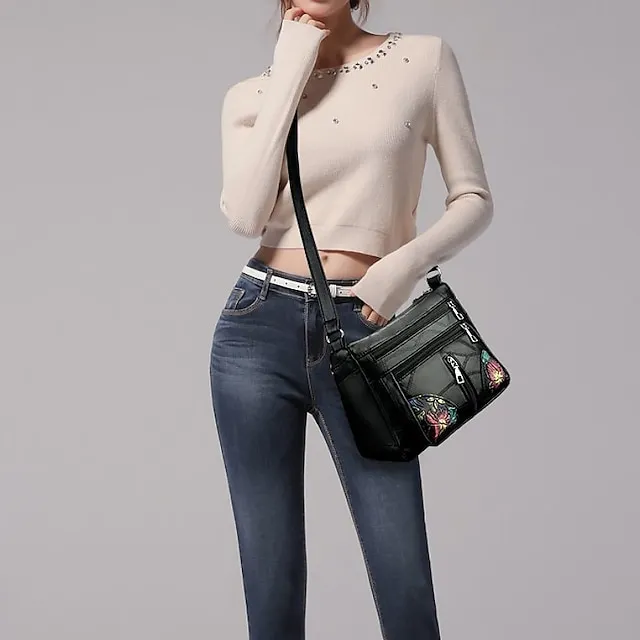 Women's Crossbody Bag Shoulder Bag Hobo Bag PU Leather Outdoor Daily Holiday Embroidery Zipper Large Capacity Waterproof Lightweight Solid Color Flower Folk Black