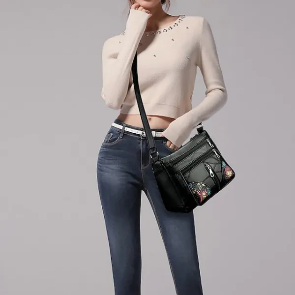 Women's Crossbody Bag Shoulder Bag Hobo Bag PU Leather Outdoor Daily Holiday Embroidery Zipper Large Capacity Waterproof Lightweight Solid Color Flower Folk Black