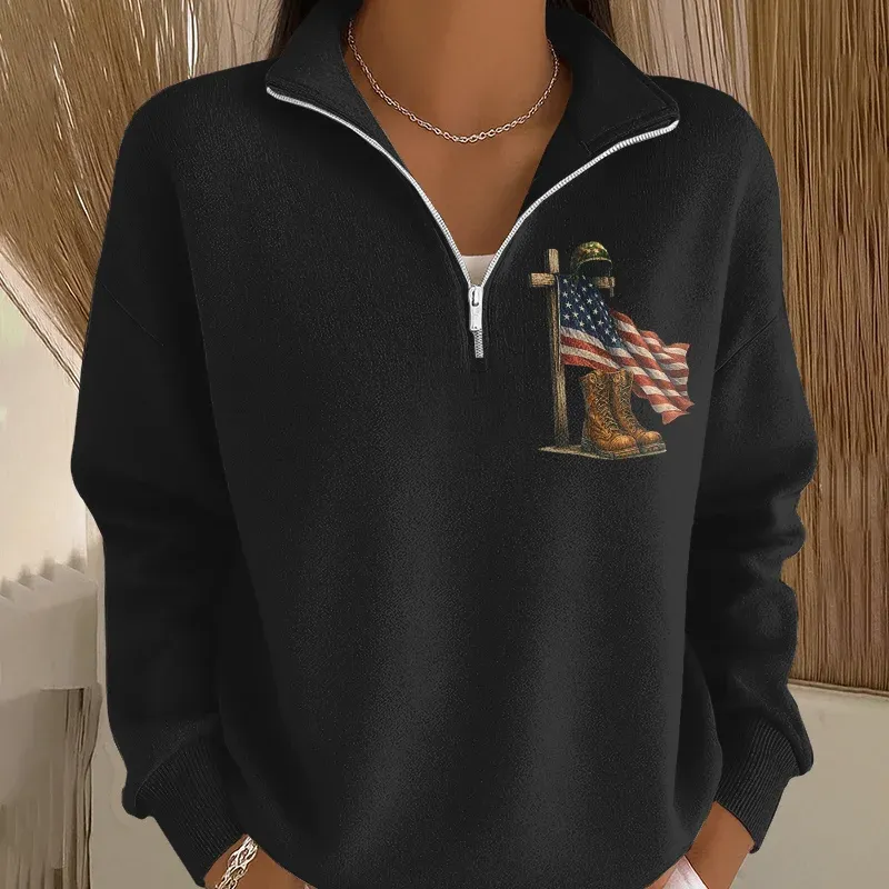 Women's Veteran Art Print Casual Zip-Up Sweatshirt