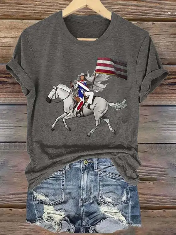 Retro Country Western Music Cowboy Horse And Flag Print T-Shirt