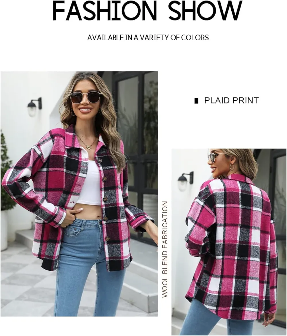 Women's Flannel Plaid Shacket Long Sleeve Button Down Chest Pocketed Shirts Jacket Coats