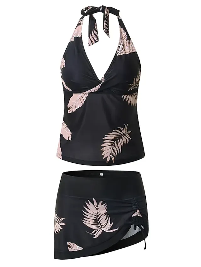 Women's Swimwear Tankini 2 Piece Plus Size Swimsuit Open Back Printing for Big Busts Trees / Leaves Black Halter V Wire Bathing Suits New Vacation Fashion / Modern / Padded Bras