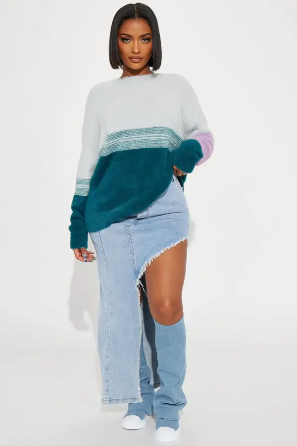 Braelyn Fuzzy Sweater - Teal/combo
