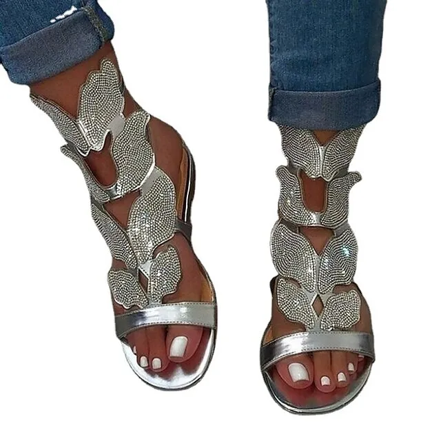 Women's Sandals Flat Sandals Plus Size Sparkly Sandals Party Daily Summer Rhinestone Flat Heel Open Toe Vintage Classic Casual Faux Leather Loafer Color Block Silver Black Gold
