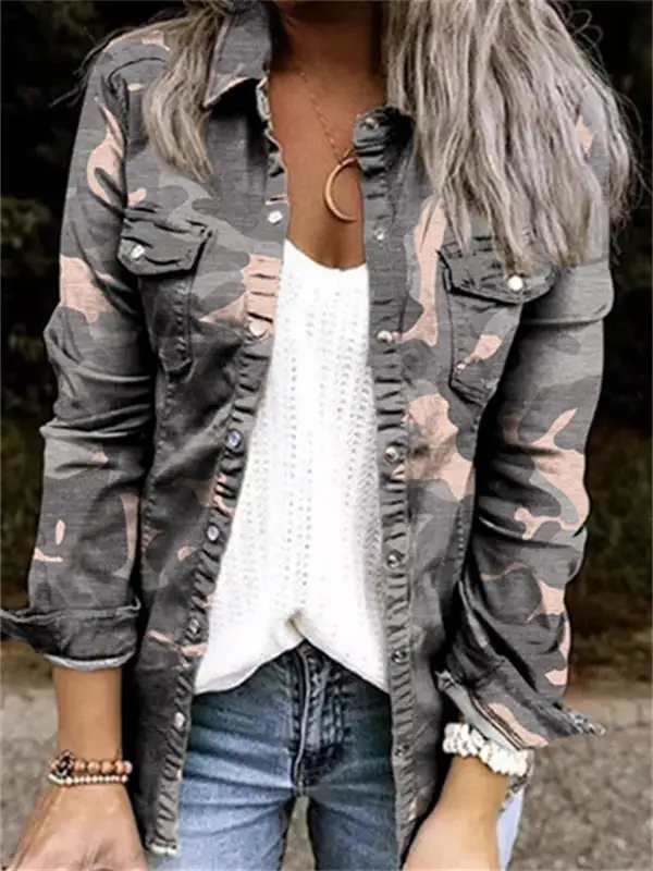 Camouflage Print Pockets Denim Jacket