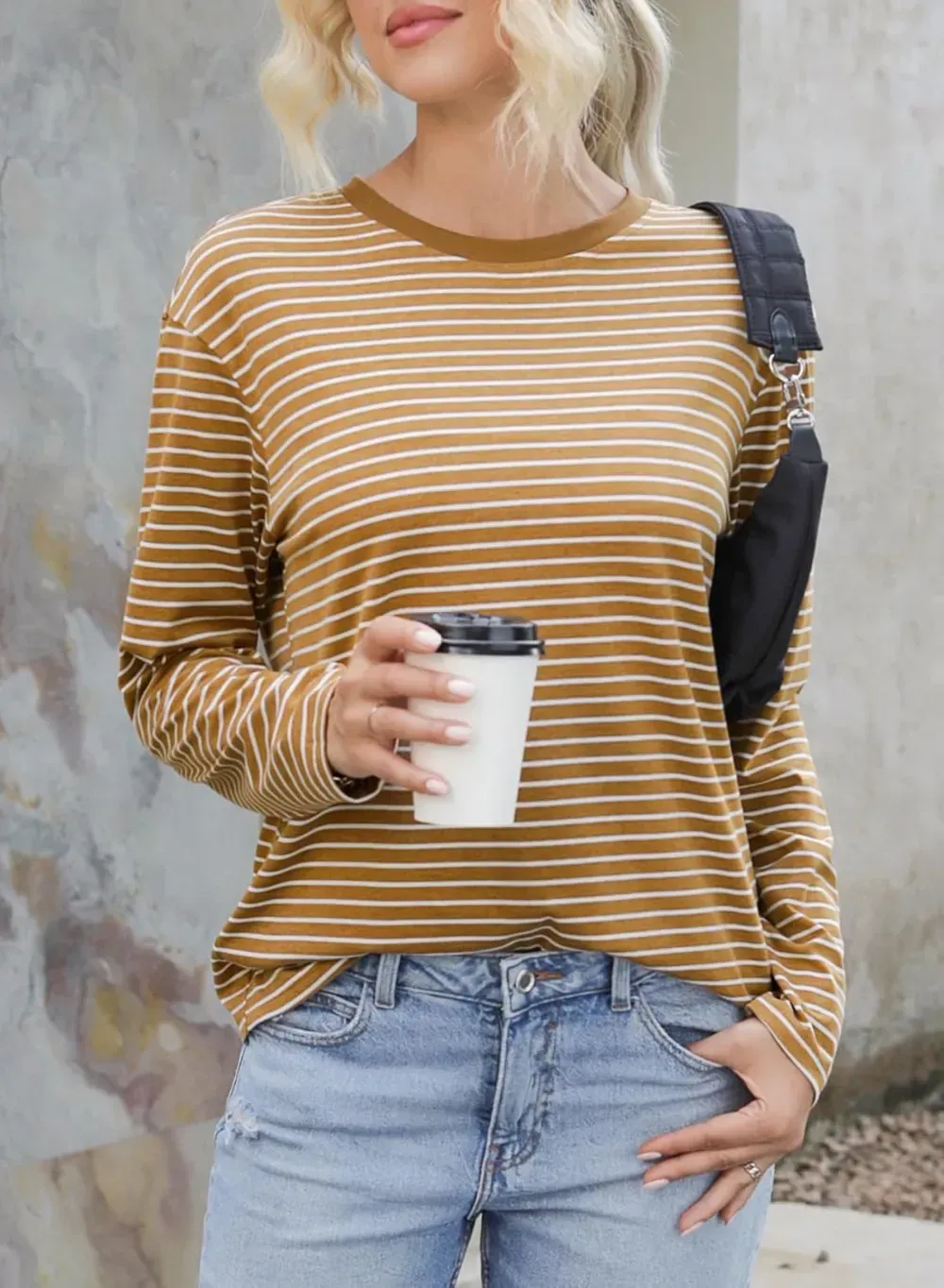 Dokotoo Women's Casual Striped Long Sleeve Tops Crew Neck Knit Ribbed Basic T Shirts