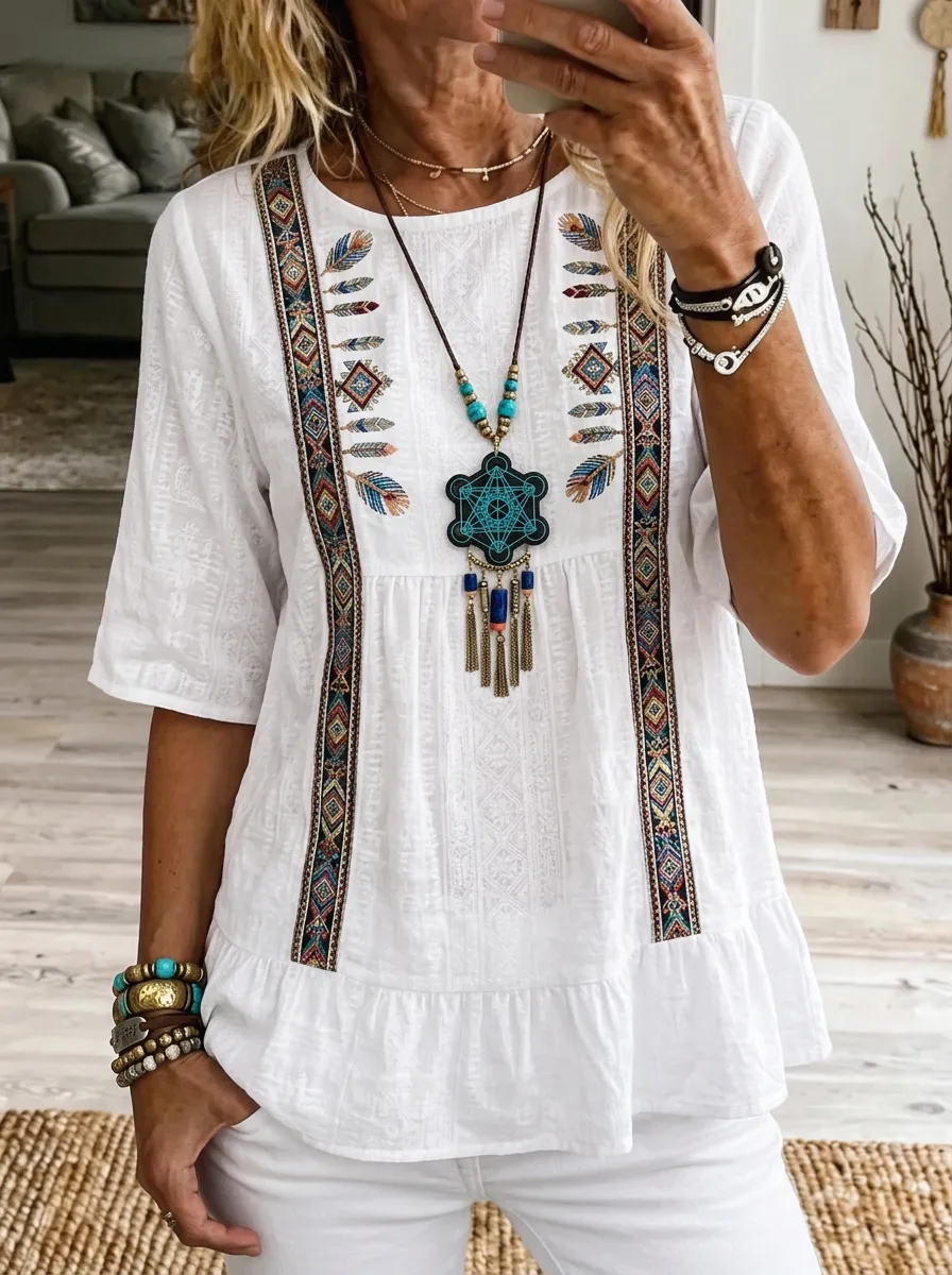 Women's Nashville Boho Feather Pattern Printed Top