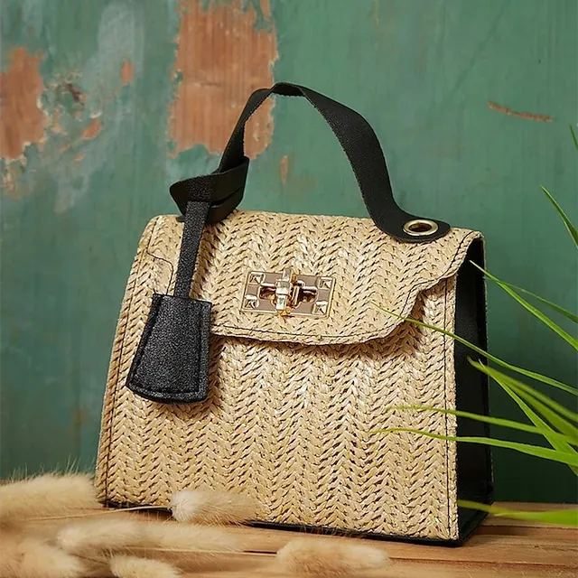 Fashion Women Straw Woven Shoulder Crossbody Messenger Bag Casual Ladies Summer Beach Vacation Chain Small Handbags Flap Purse