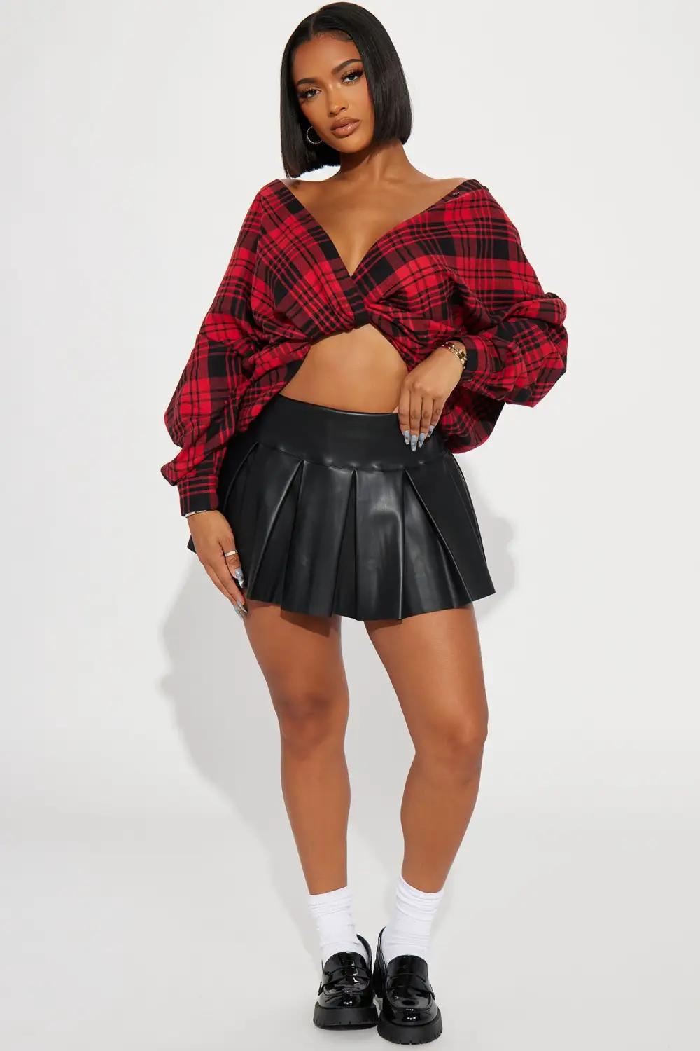Maeve Twist Front Plaid Shirt - Red/combo