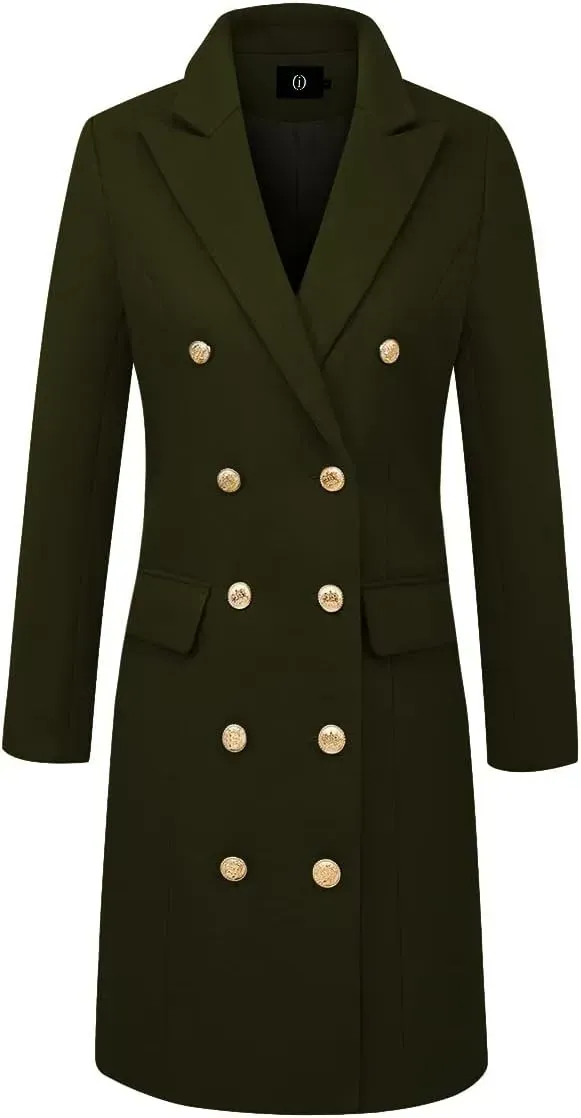 Womens Fall Winter Wool Coats Double Breasted Midi Peacoat Trench Coats