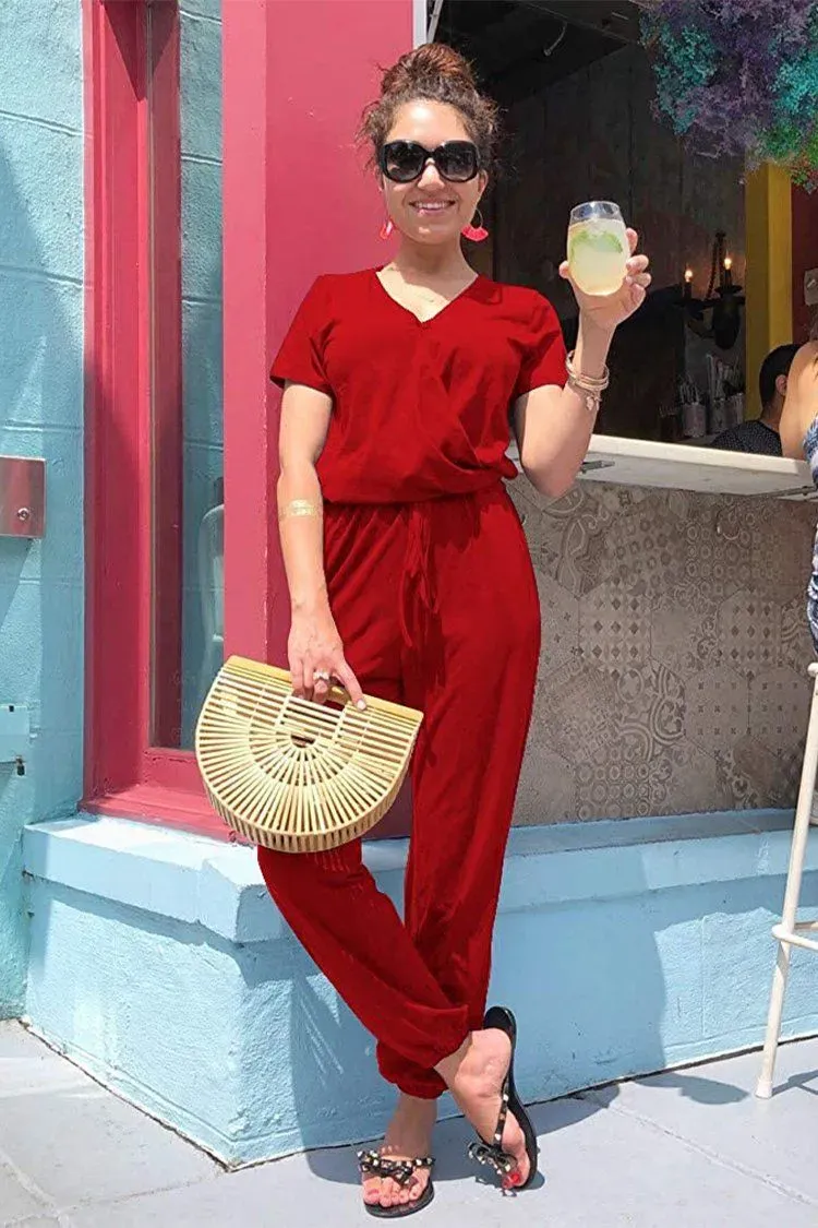 Deep V Neck Wrap Drawstring Waist Jumpsuit