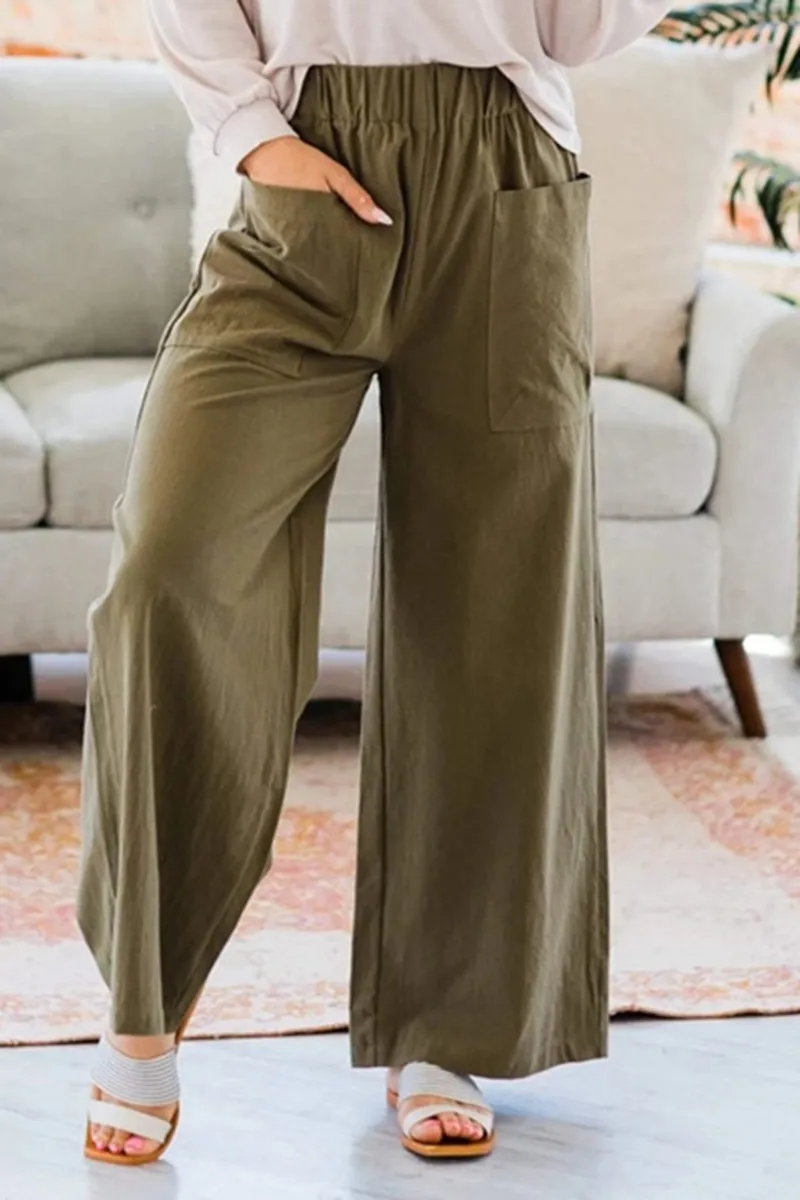 Patch Pocket Elastic Waist Wide Leg Pants