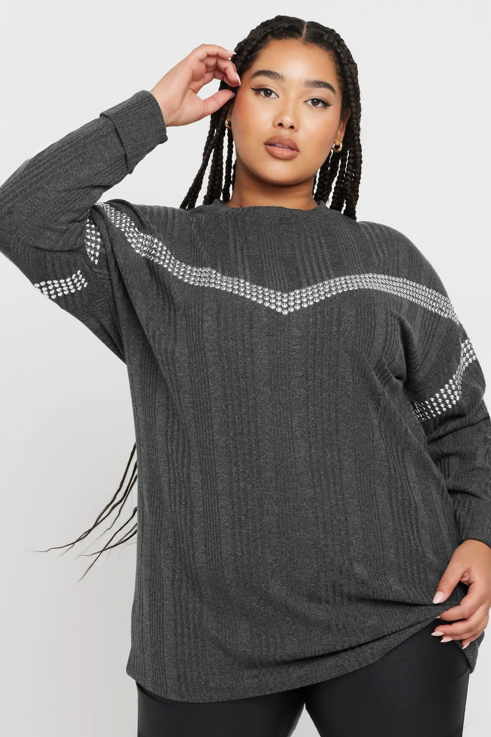 YOURS Curve Grey Ribbed Chevron Stud Jumper