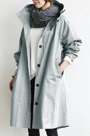 Solid Single Breasted Buttons Hooded Trench Coat