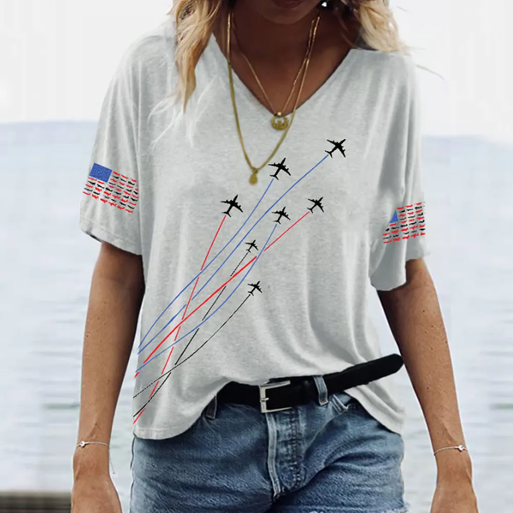 Women's Casual Independence Day Graphic Print V-neck Short Sleeve T-shirt