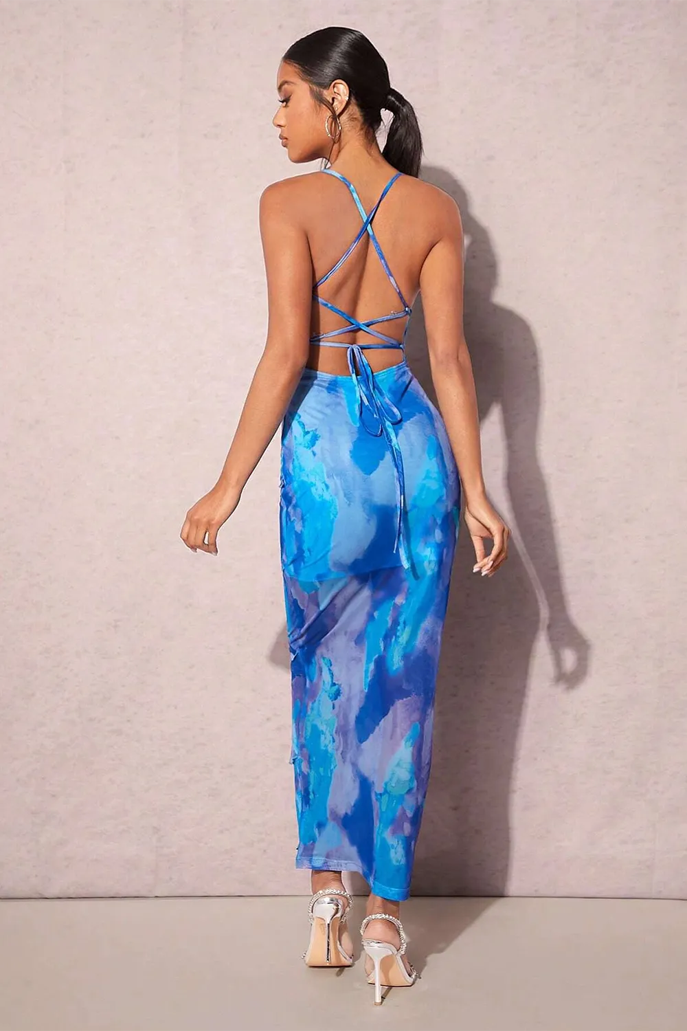 BAE Tie Dye Ruffle Trim Crisscross Backless Ruche