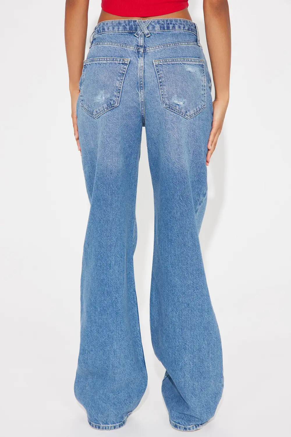 Leading Him On V Waist Baggy Jeans - Medium Wash