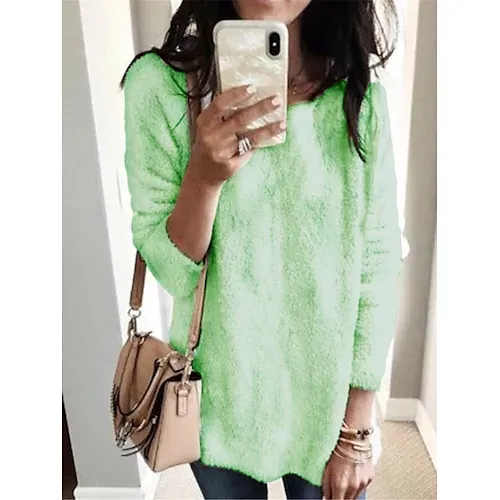 Women's Pullover Sweater Jumper Stylish Casual Soft Solid Color Fuzzy Crew Neck Oversized Long Sleeve Long Tops Knit Outdoor Daily Going out Lake blue ArmyGreen Fall Winter