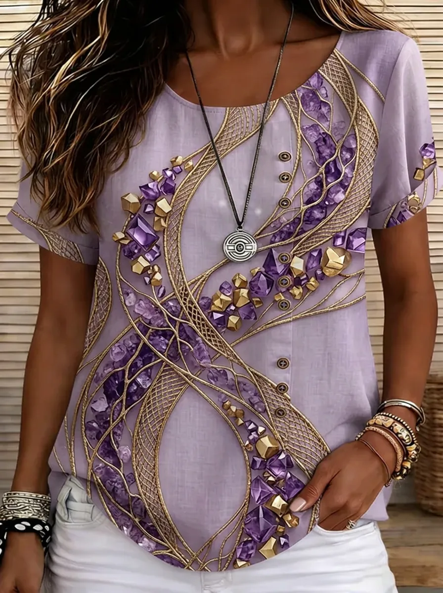 Women's Nashville Theme Purple Amethyst Gold Geometric Printed Top
