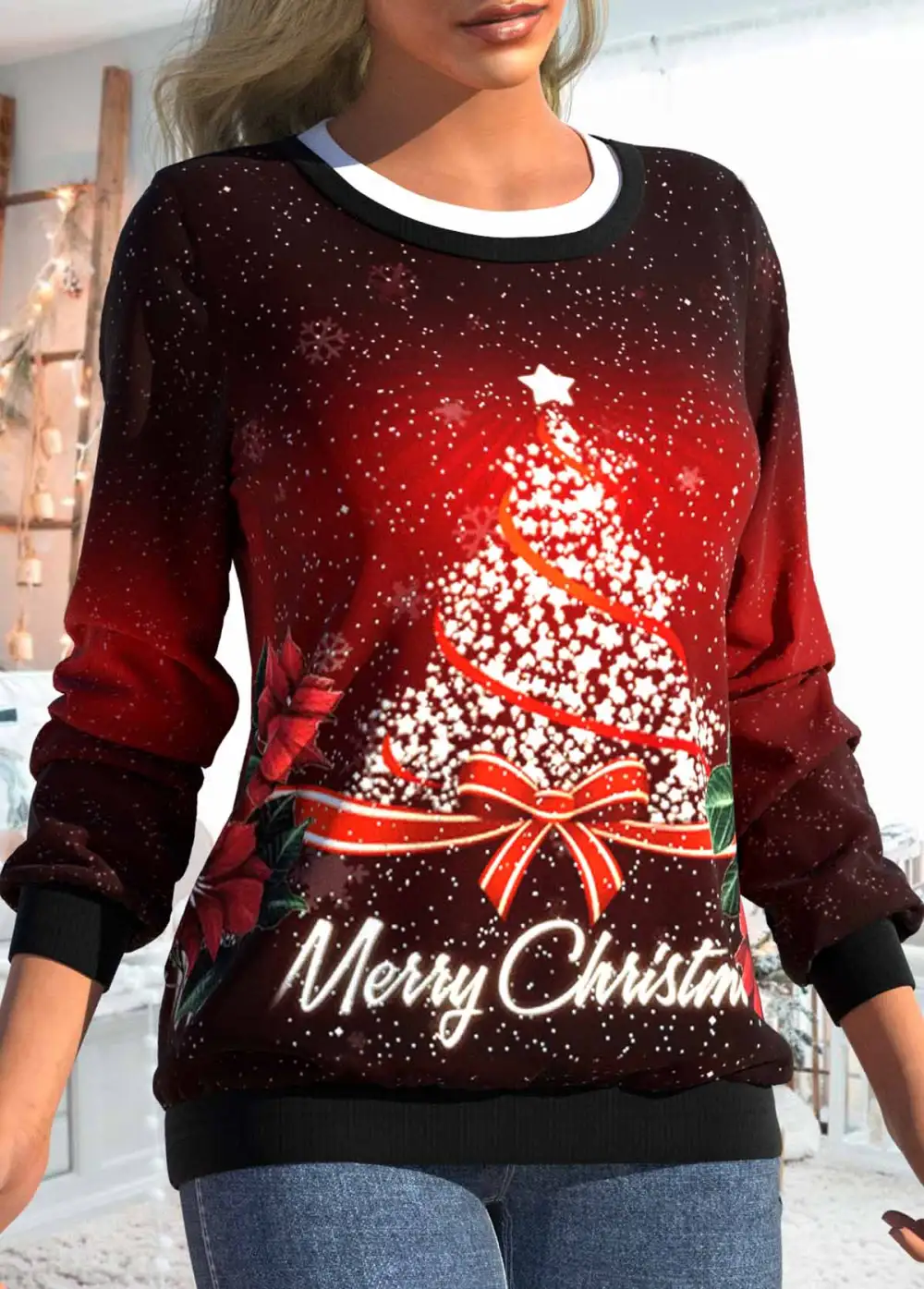 Wine Red Fake 2in1 Christmas Tree Print Sweatshirt