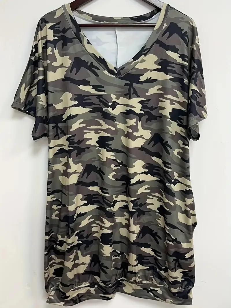 omen's Camo Print V-Neck Dress - Casual Short Sleeve Summer Dress with Side Pockets, Stretchy Polyester Blend, Black/Green Camouflage Pattern, Machine Washable