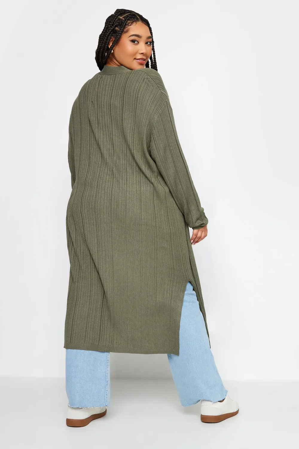 YOURS Curve Khaki Green Longline Ribbed Cardigan