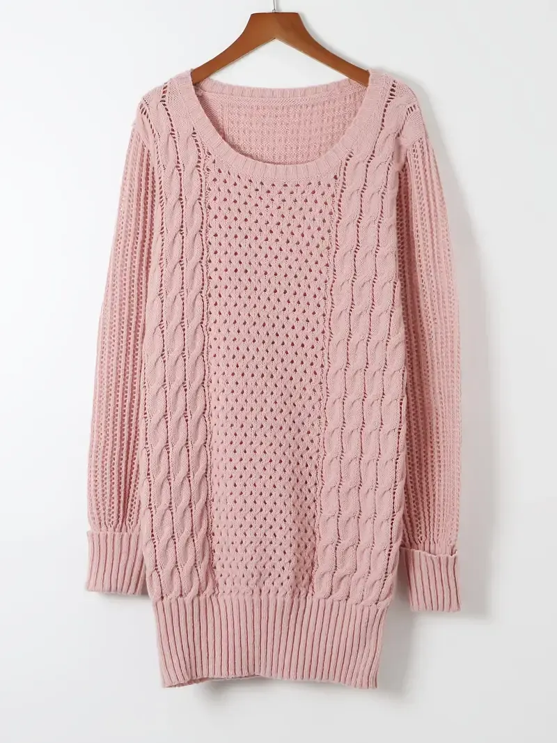 Elegant Pink Knit Sweater Dress for Women - Casual Long Sleeve, Round Neck, Bodycon Midi with Cable Knit Pattern, Perfect for Fall/Winter, 100% Polyester