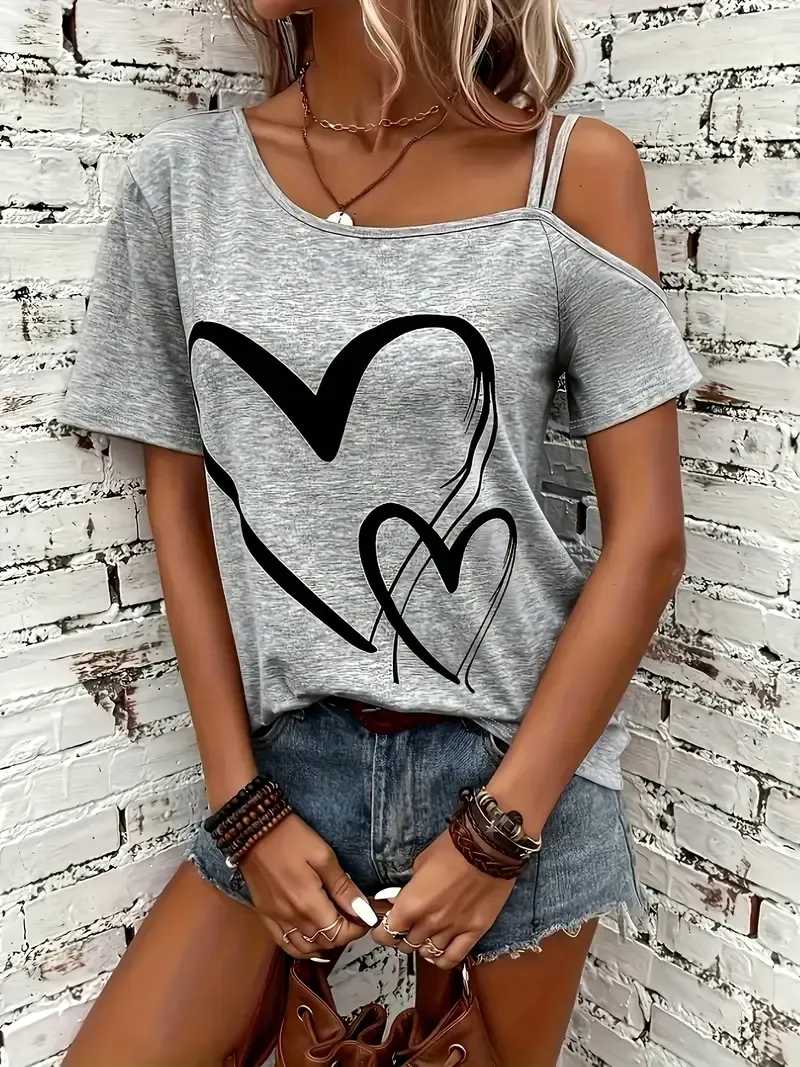 Heart Print Slant Shoulder T-shirt, Casual Short Sleeve Top For Spring & Summer, Women's Clothing