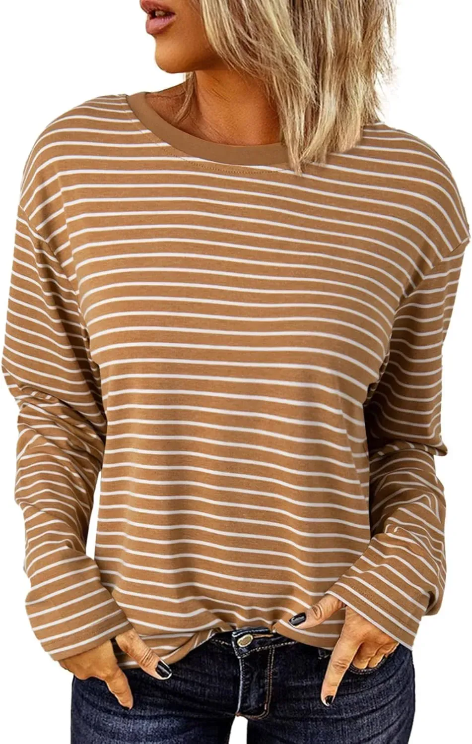 Dokotoo Women's Casual Striped Long Sleeve Tops Crew Neck Knit Ribbed Basic T Shirts