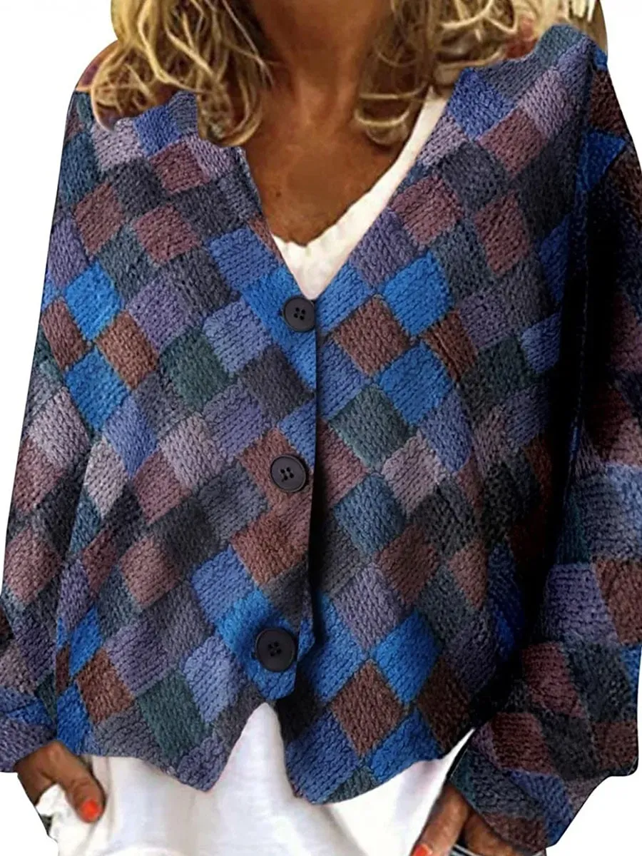 Women's Casual Jacket Vacation Street Daily Wear Fall Winter Regular Coat V Neck Loose Fit Windproof Breathable Stylish Sporty Chic & Modern Jacket Long Sleeve Stripes and Plaid Print Gray