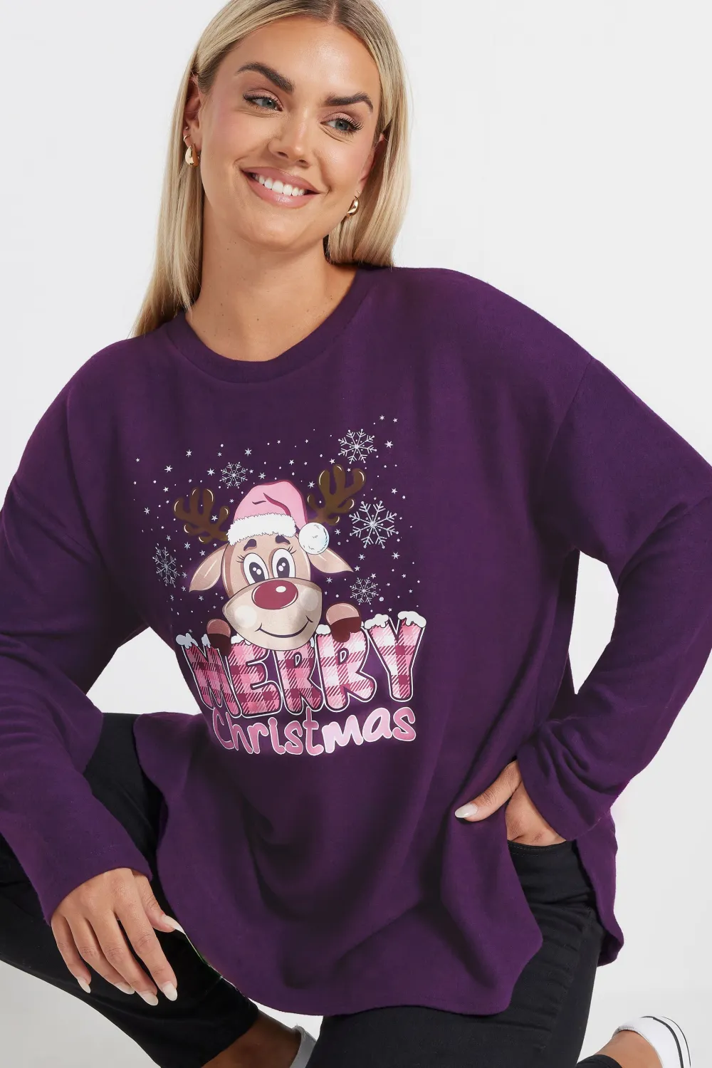 YOURS Curve Purple 'Merry Christmas' Reindeer Print Sweatshirt