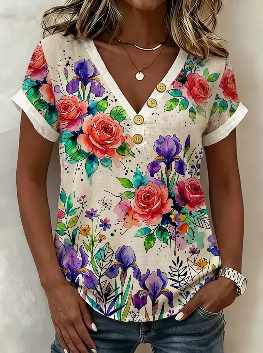 Women's Nashville Floral Watercolor Printed V-Neck Button Top