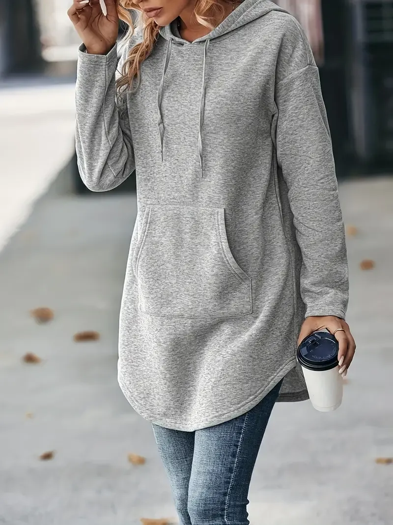 Solid Color Drawstring Hoodie Sheath Dress, Casual Long Sleeve Kangaroo Pocket Dress For Fall & Winter, Women's Clothing