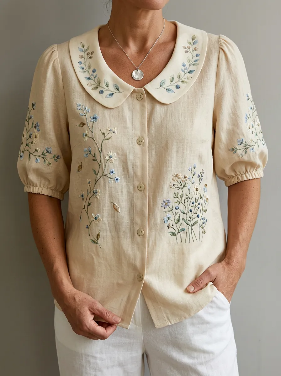 Women's Nashville Botanical Floral Embroidered Printed Shirt