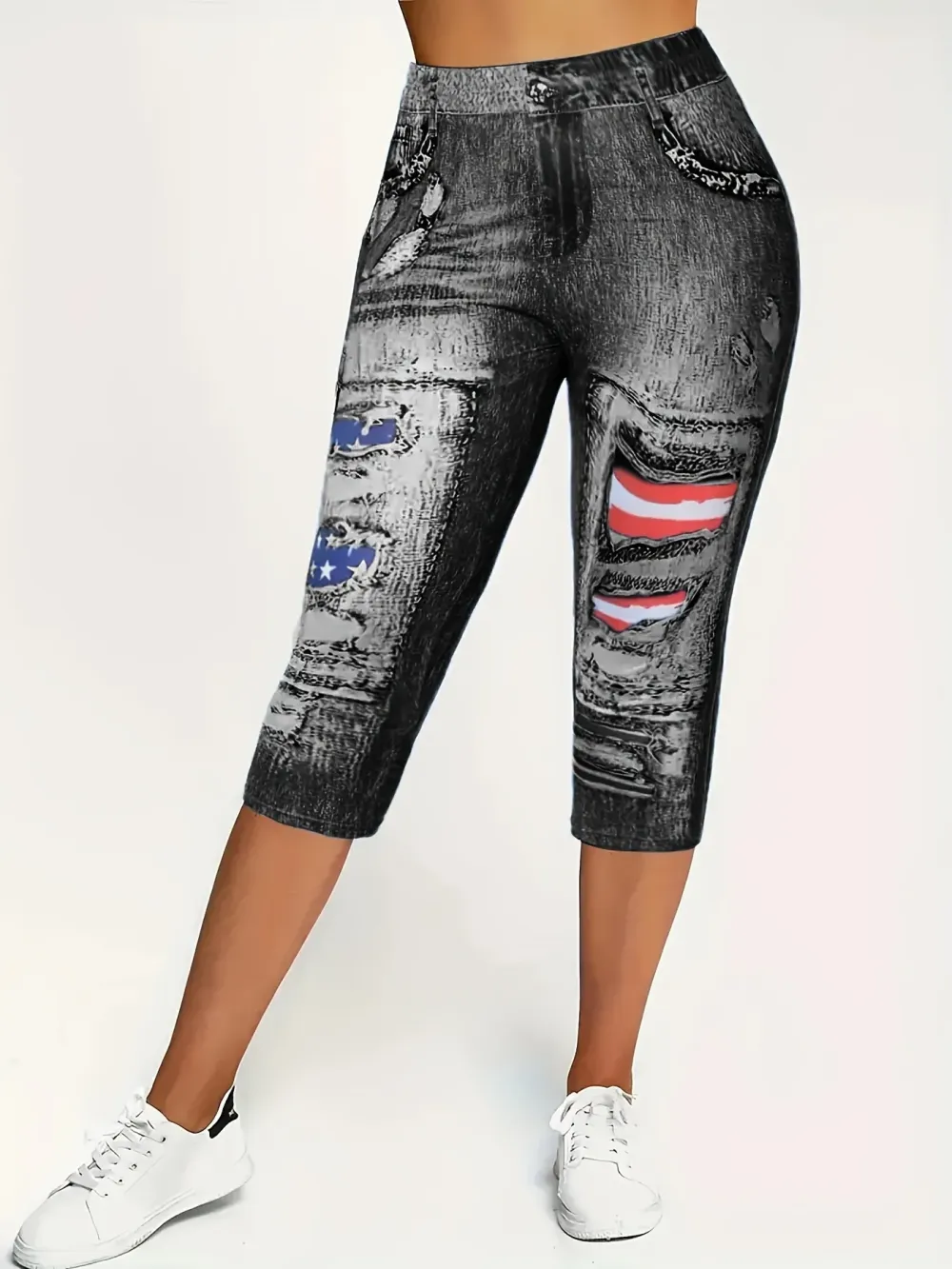 Plus Size Casual Leggings, Women's Plus Flag & Denim Print High Rise Stretchy Capri Leggings
