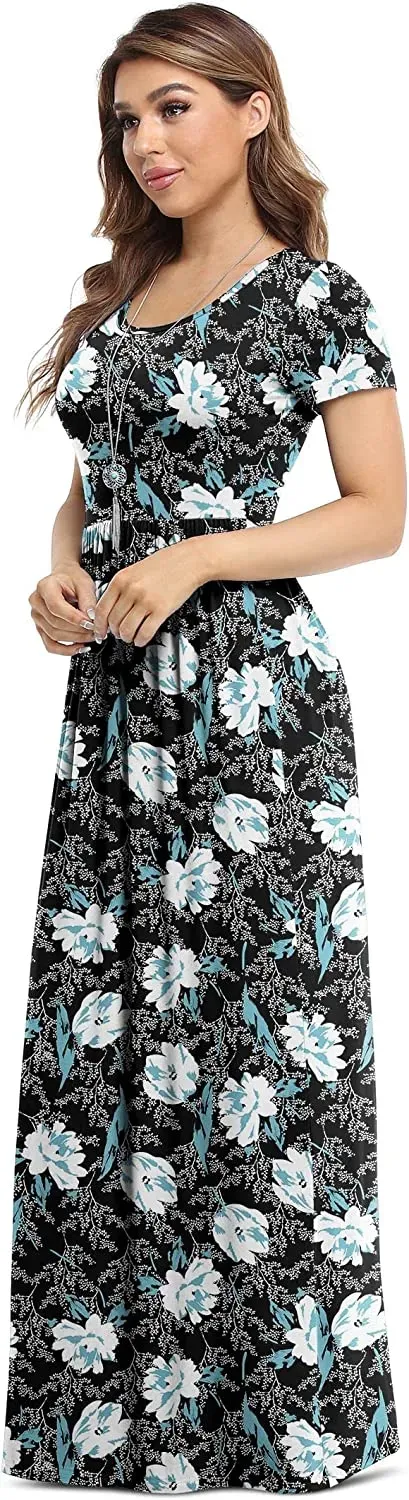 Women's Short Sleeve Loose Plain Maxi Dresses Casual Long Dresses with Pockets