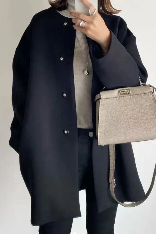 Elegant Solid Neckless Faux Woolen Coat