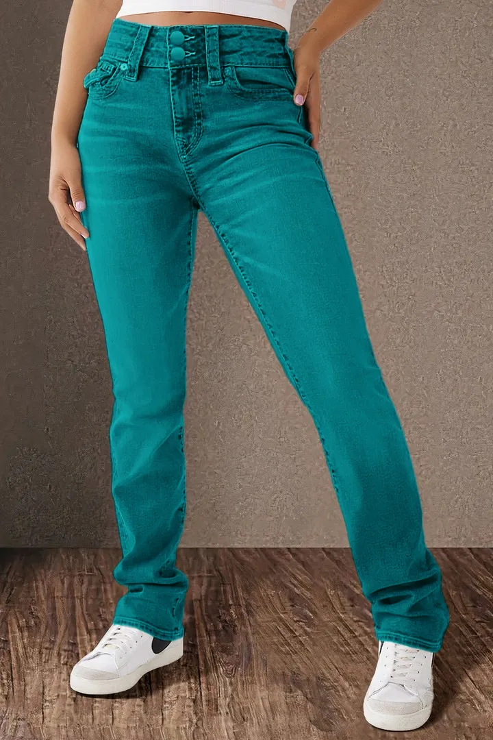 Double Button Mid Waist Straight Leg Jeans