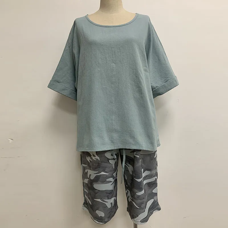 Cotton Linen Shirt & Pants Relaxed Fit S-5XL Relax Fit Pants & Short Solid Sleeve Shirt Suit Cotton Linen Two-piece Matching Set