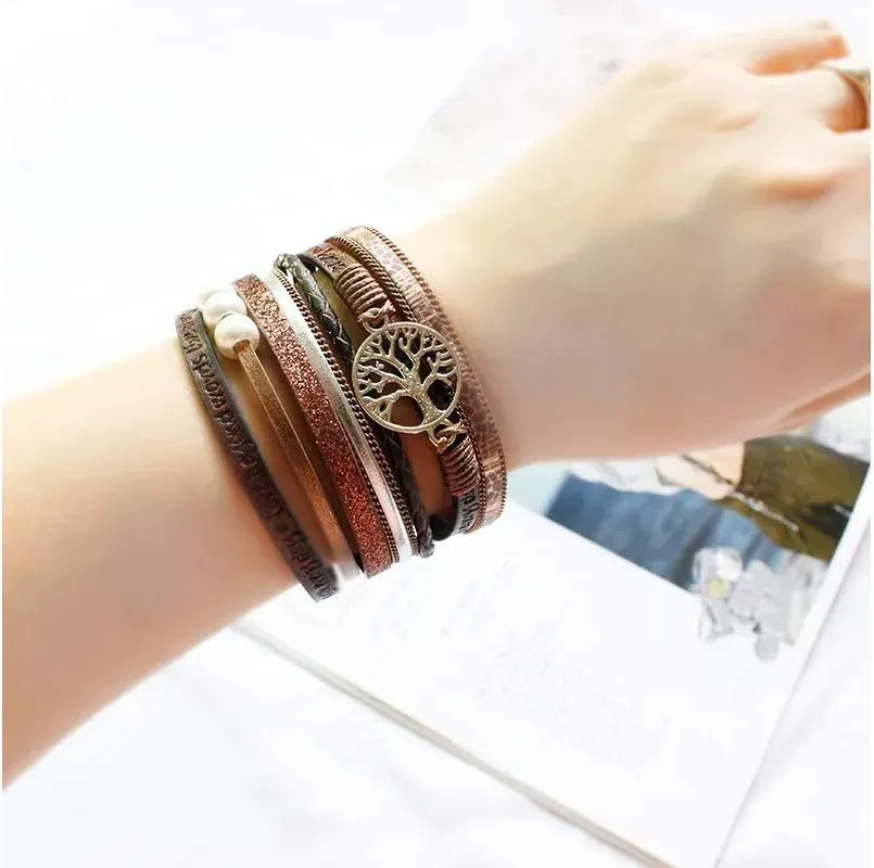 Fesciory Leather Wrap Bracelets for Women, Boho Leopard Multi-Layer Crystal Beads Cuff Bracelet Jewelry