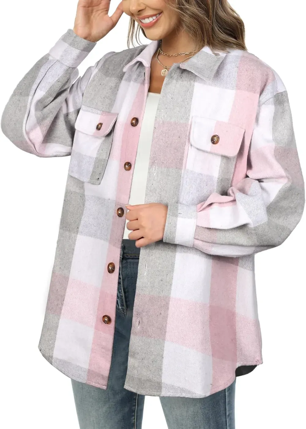 Women's Casual Plaid Flannel Shacket Jacket Oversized Button Down Long Sleeve Fall Shirts Jacket Lapel Coats Tops