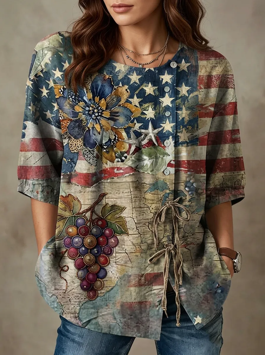 Women's Nashville USA Flag Floral Grape Printed Button-Up Shirt