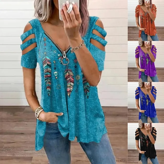 Women Tops T-Shirt Hollow-Out Shoulder Short Sleeve Casual Blouse Shirts explosive Feather Print V-Neck Zipper Shirt