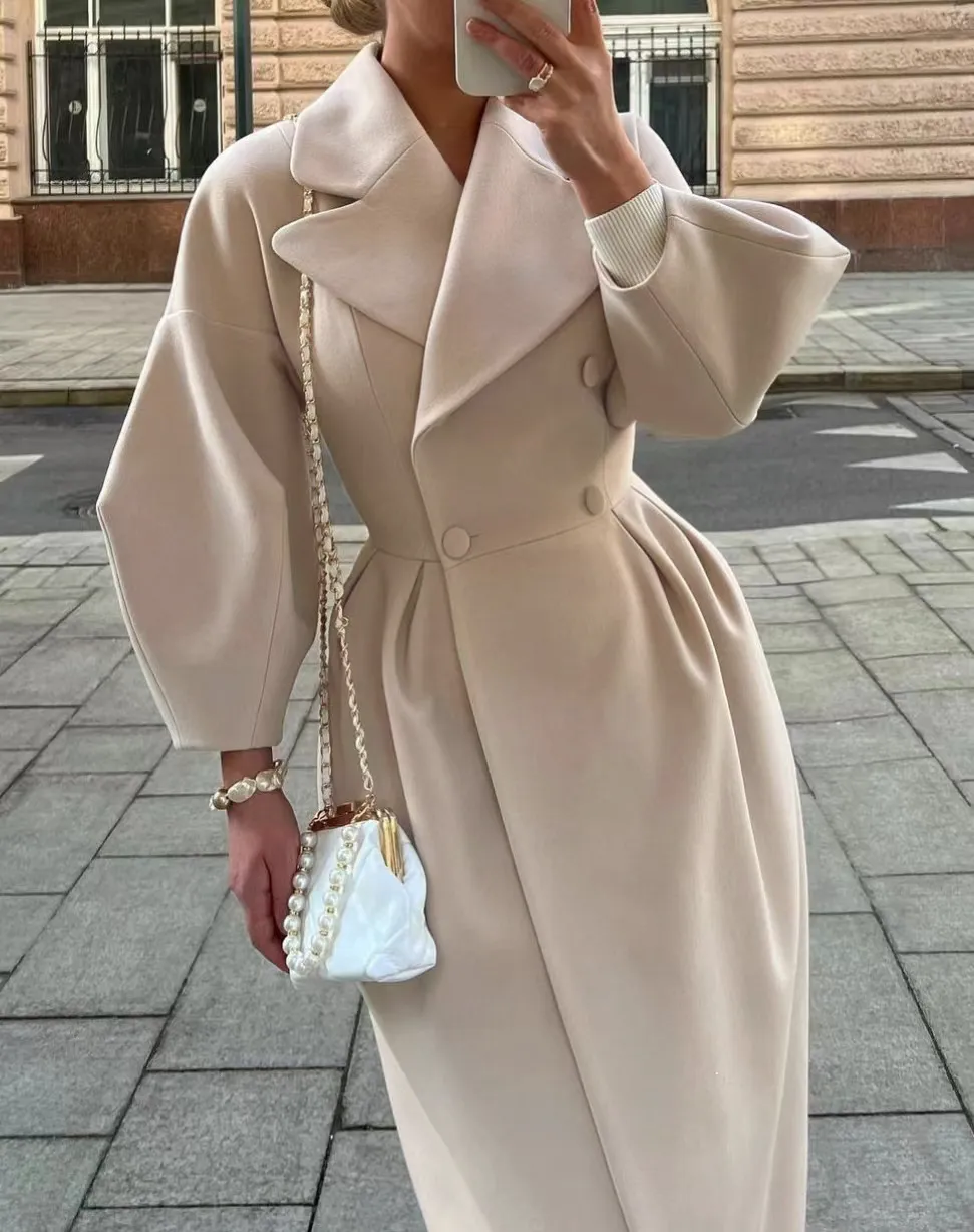 Retro Court Style Lantern Sleeve Large Lapel Long Coat