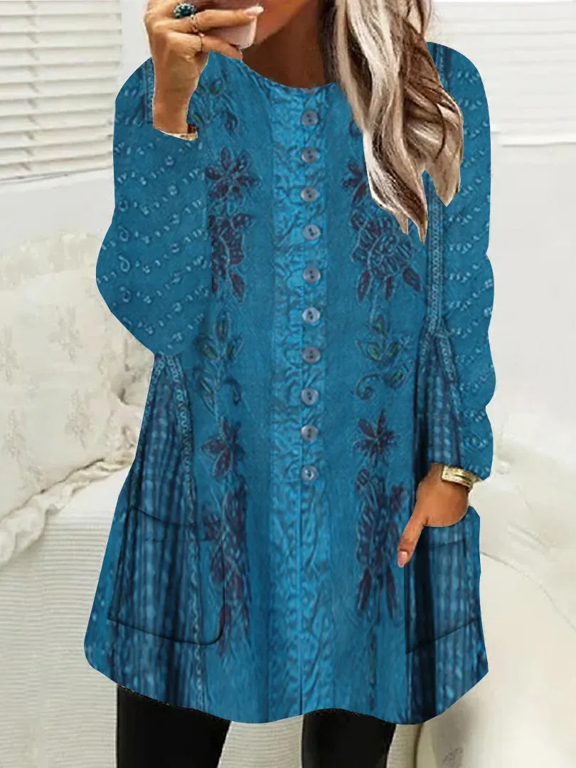 Women Long Sleeve Scoop Neck Printed Button Pockets Fleece Lined Tops