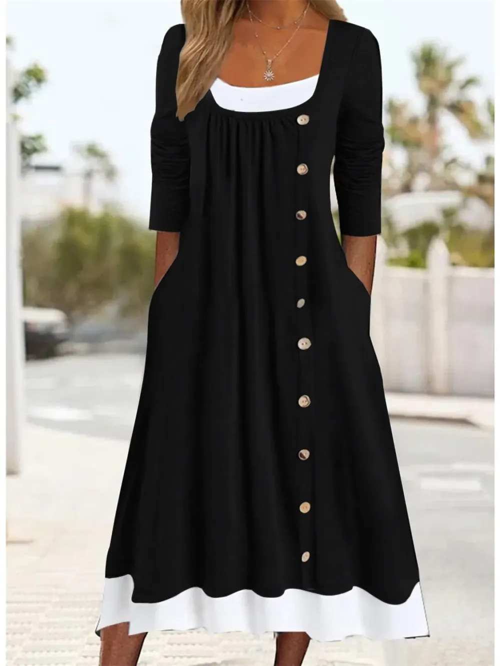 Women's Long Sleeve U-neck Button Midi Dress